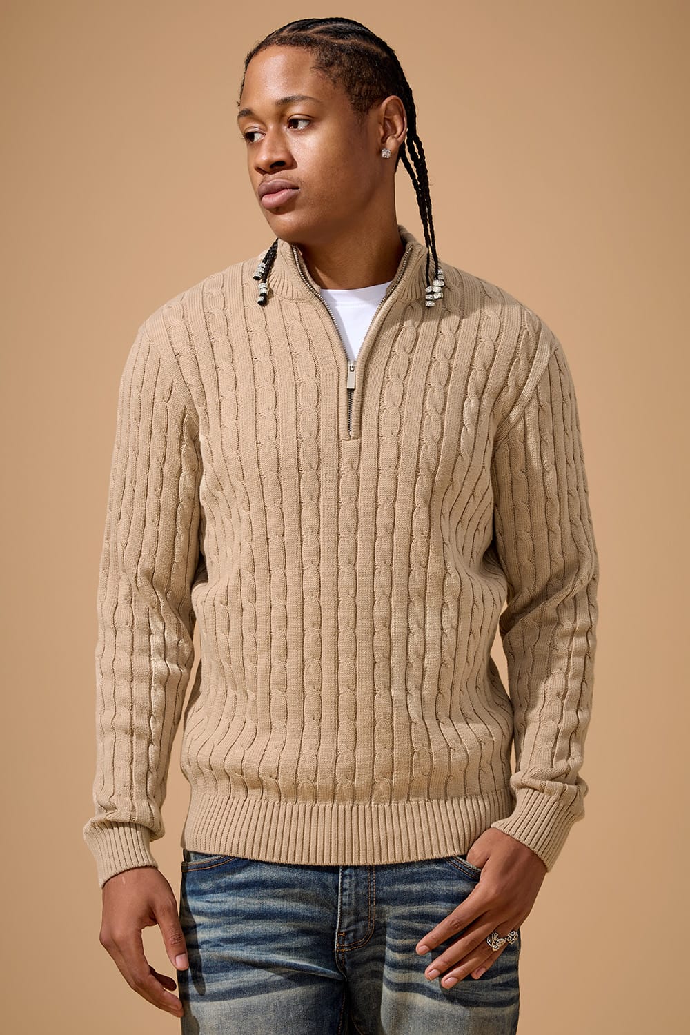 Jordan Craig Montauk 1/4 Zip Cable Knit Sweater Taupe / S
