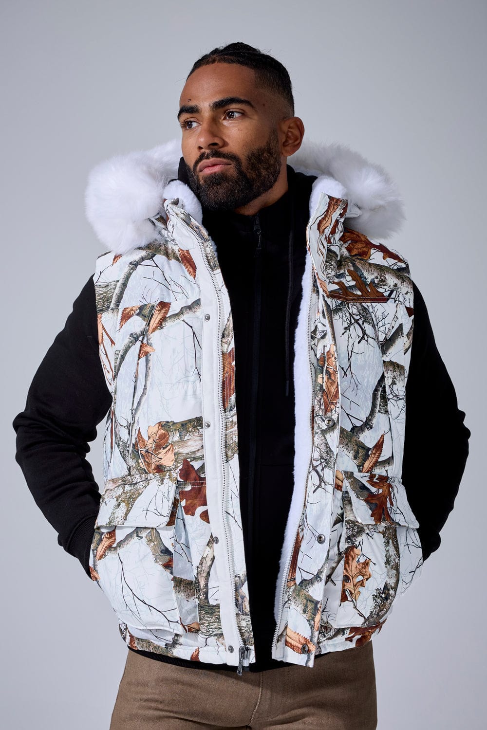 Yukon Fur Lined Puffer Vest (Snow Camo)