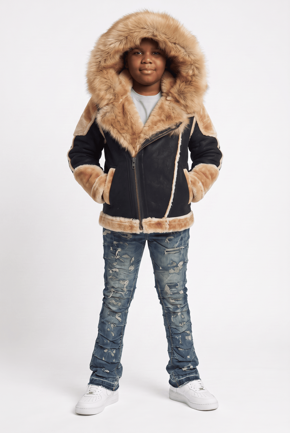 JC Kids Kids El Jefe Shearling Moto Jacket (Black Coffee)