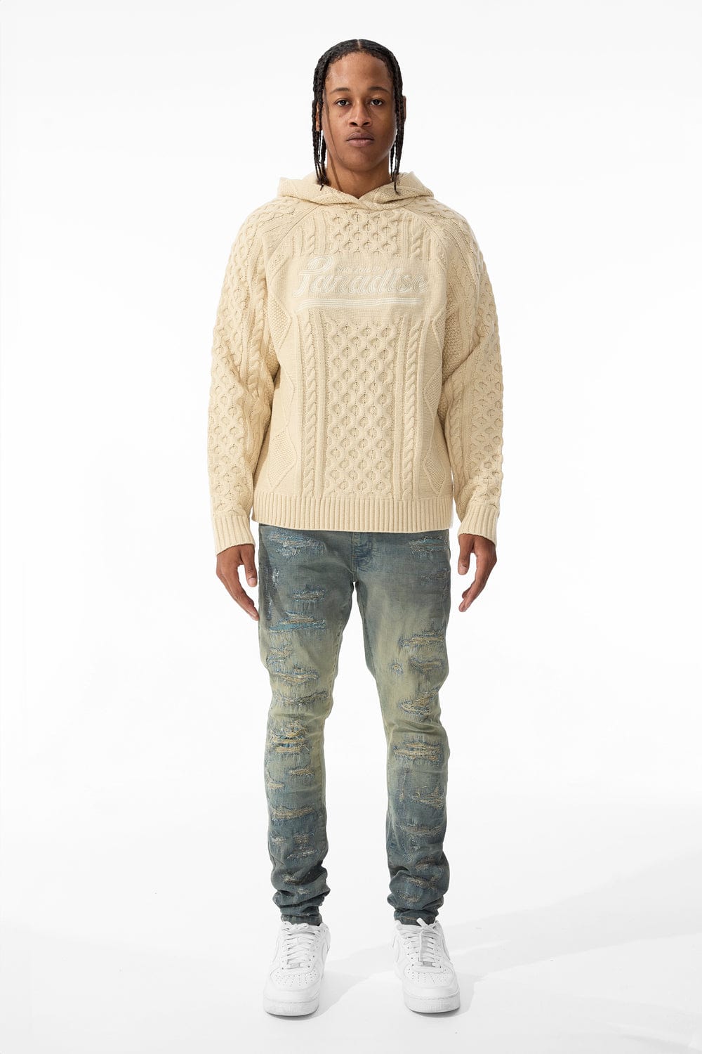 Jordan Craig Cable Knit Hooded Sweater (Cream)