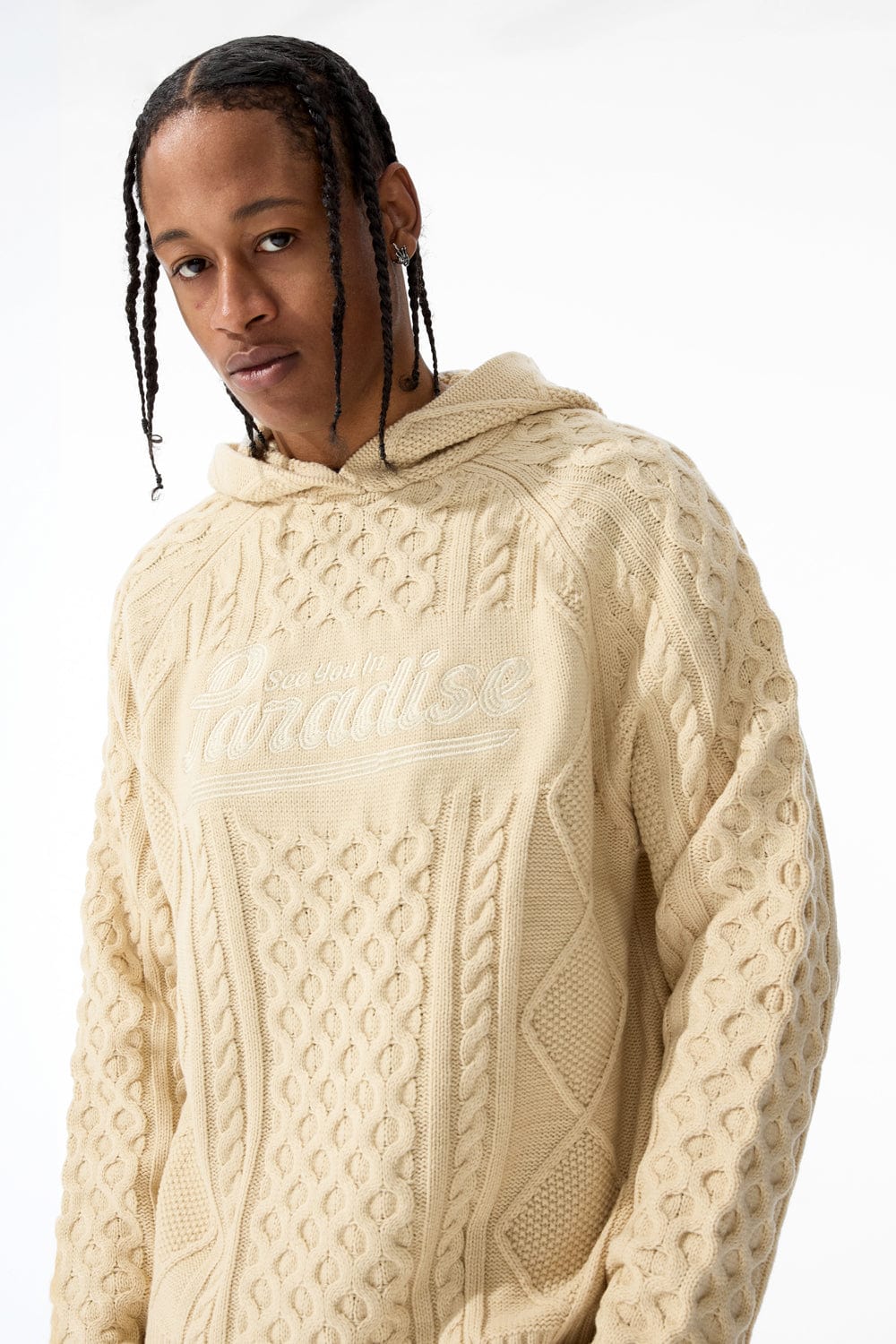 Jordan Craig Cable Knit Hooded Sweater (Cream)