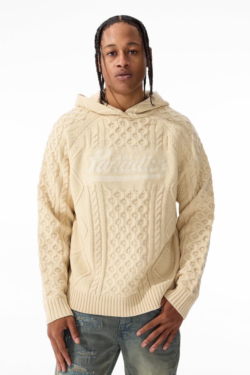 Jordan Craig Cable Knit Hooded Sweater (Cream) S / Cream