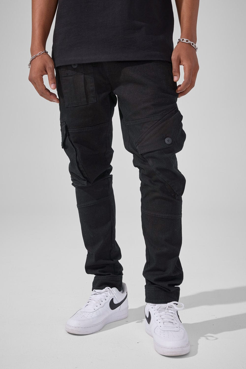 Skinny Stacked Fit - Thriller Cargo Pants (Black) - Ross Stacked Colle
