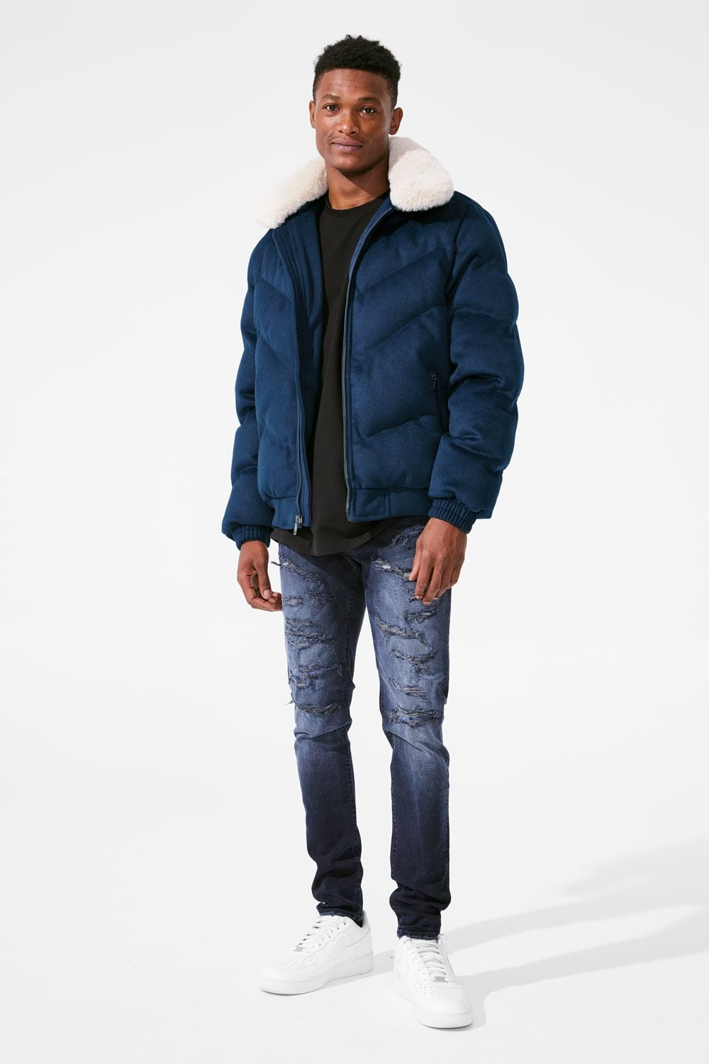 Navy blue puffer online jacket with fur hood