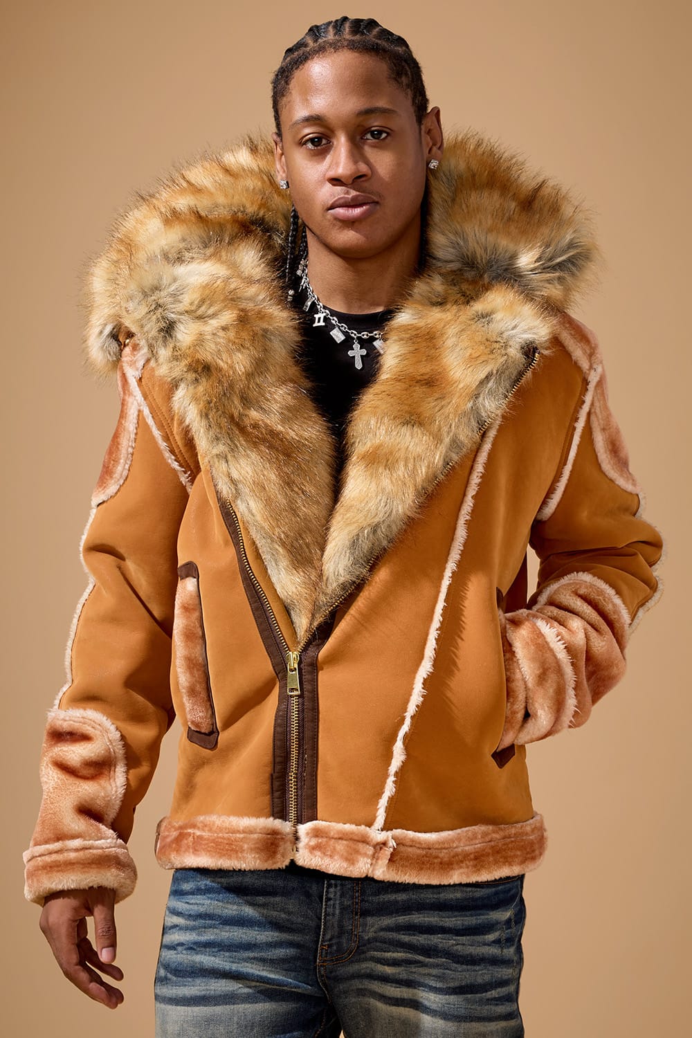 El Jefe Shearling Moto Jacket (Cognac)