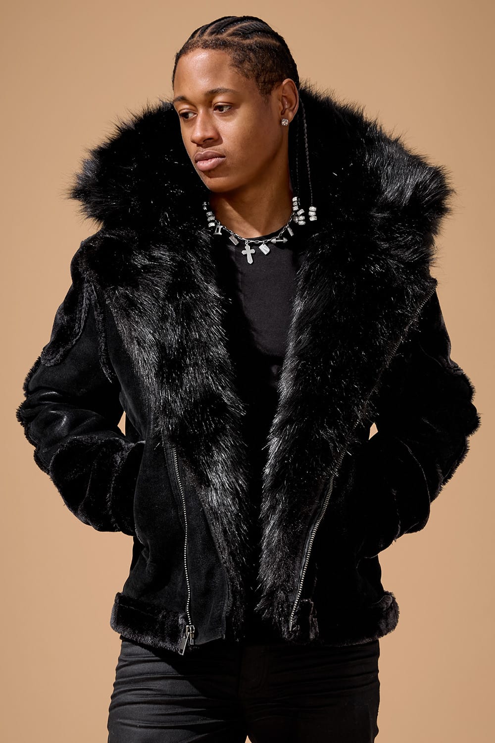 Jordan Craig El Jefe Shearling Moto Jacket (Noir) S / Noir