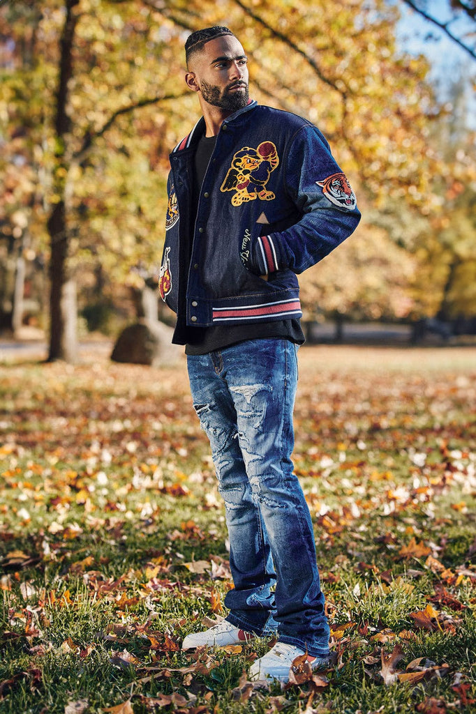 Jordan Craig Crouching Tiger Denim Varsity Jacket (Dark Blue)
