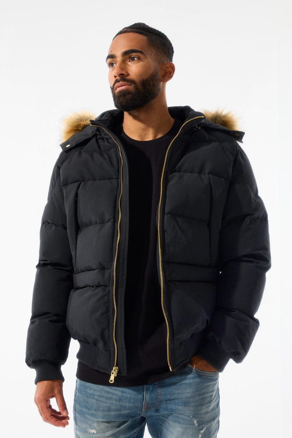 Padded bomber jacket with fur hood hotsell