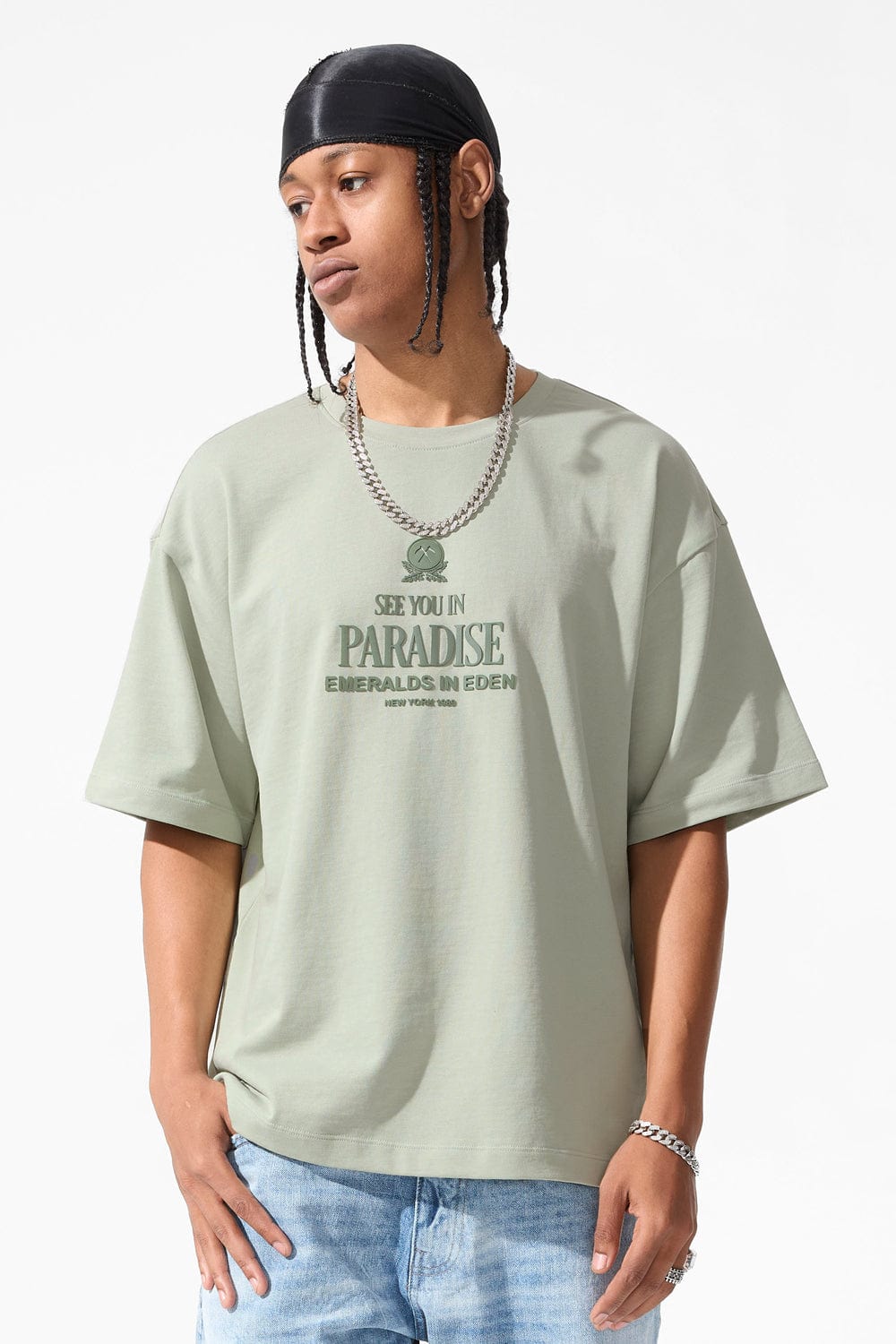 Jordan Craig Emeralds in Eden Cropped Boxy T-Shirt Light Sage / S