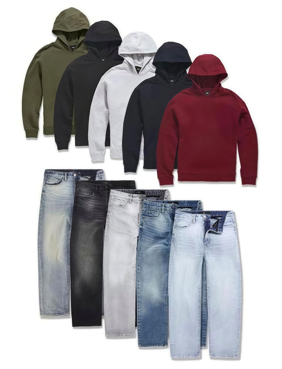 Six hoodies in different colors (olive green, black, light gray, dark navy, burgundy, and dark charcoal) are displayed above six pairs of jeans in various washes, all laid out flat against a white background.