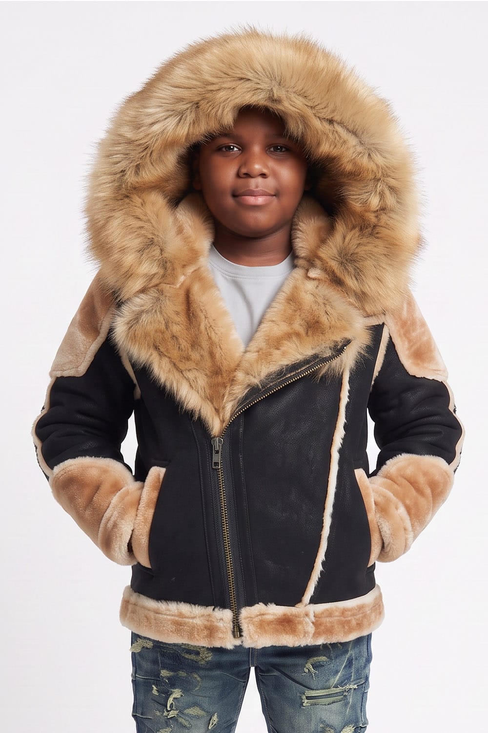 JC Kids Kids El Jefe Shearling Moto Jacket (Black Coffee)