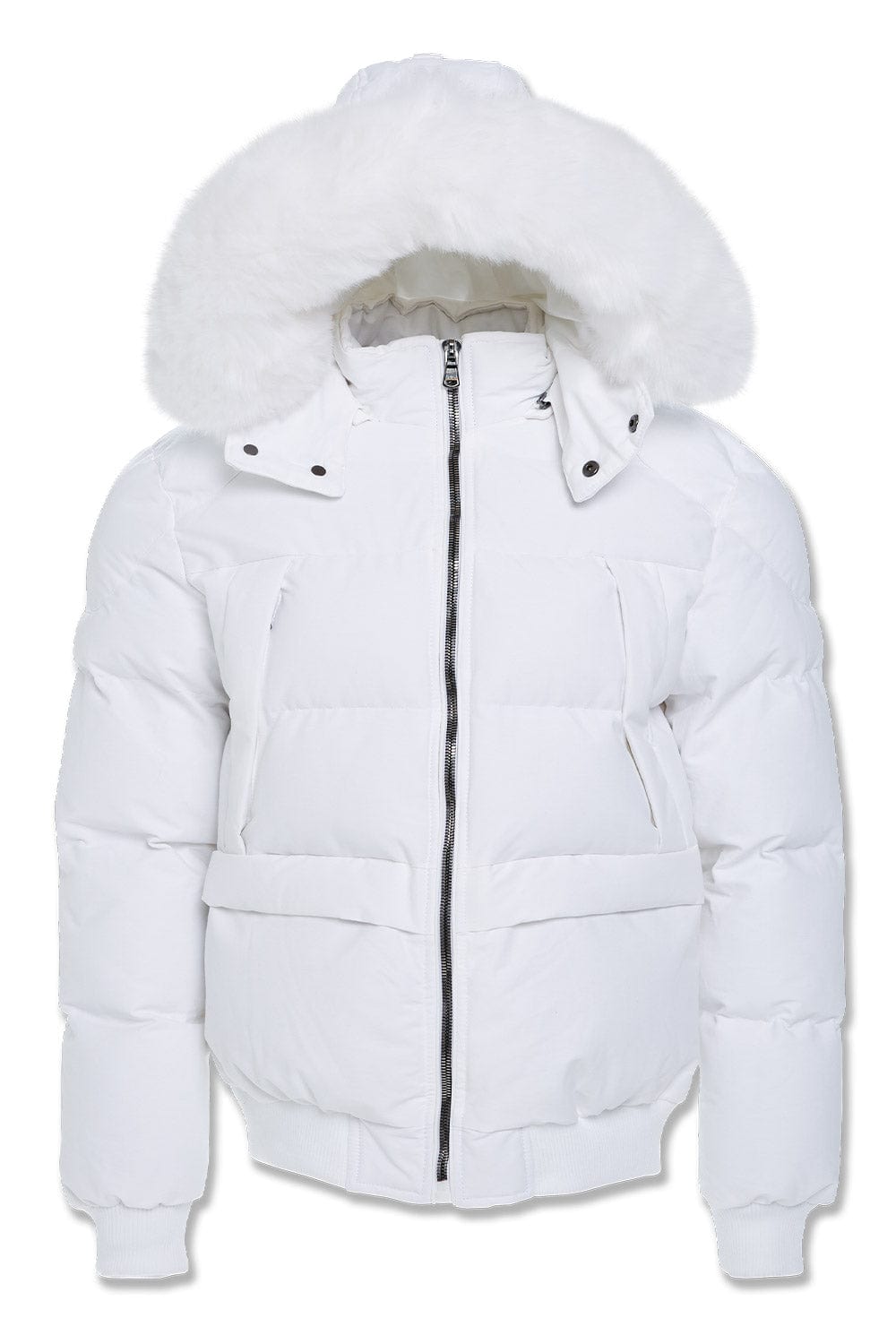 White bomber jacket with fur online hood